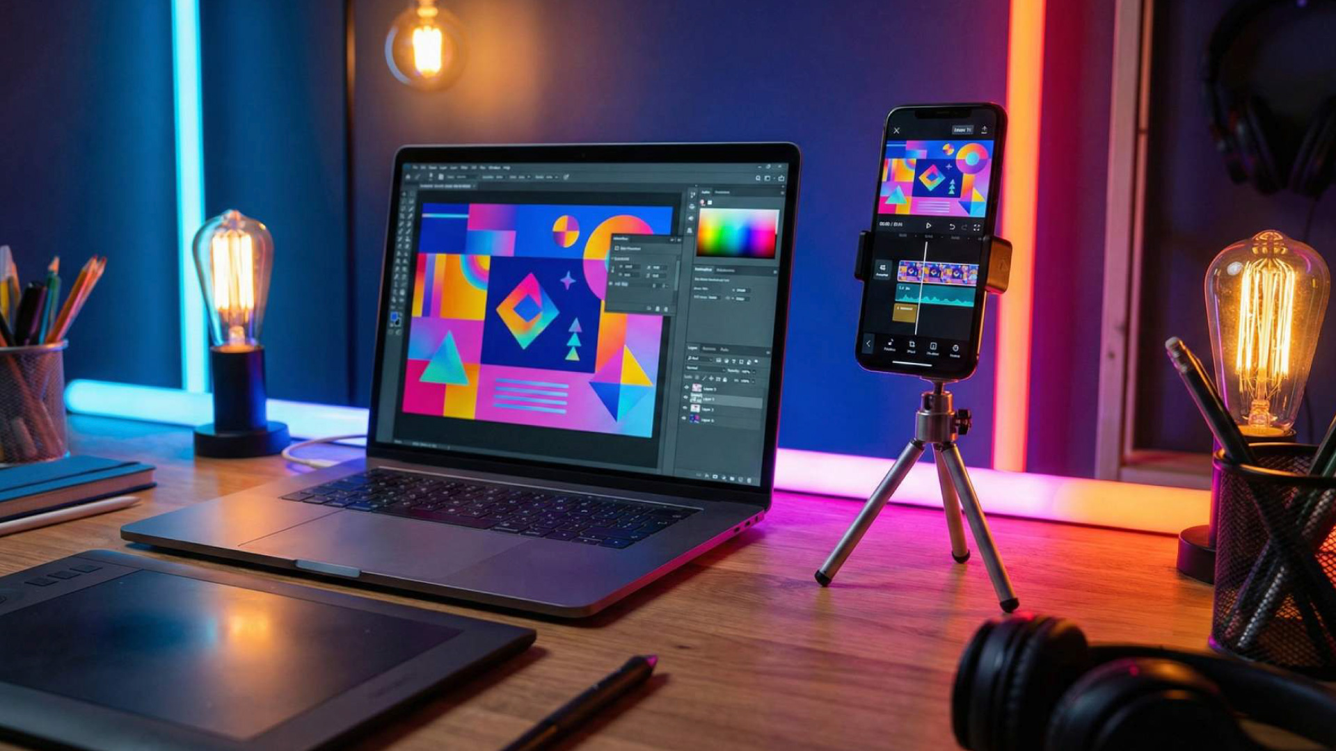 Radni sto digitalnog kreatora sa laptopom za grafički dizajn i pametnim telefonom pripremljenim za obradu vertikalnog videa.