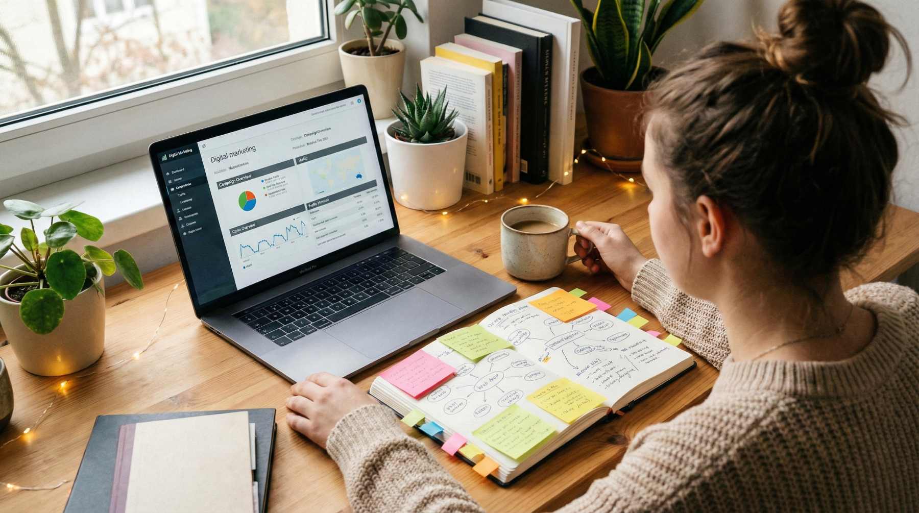 Mlada osoba za laptopom koja vodi bilješke i uči osnove sa besplatnih kurseva digitalnog marketinga kod kuće.