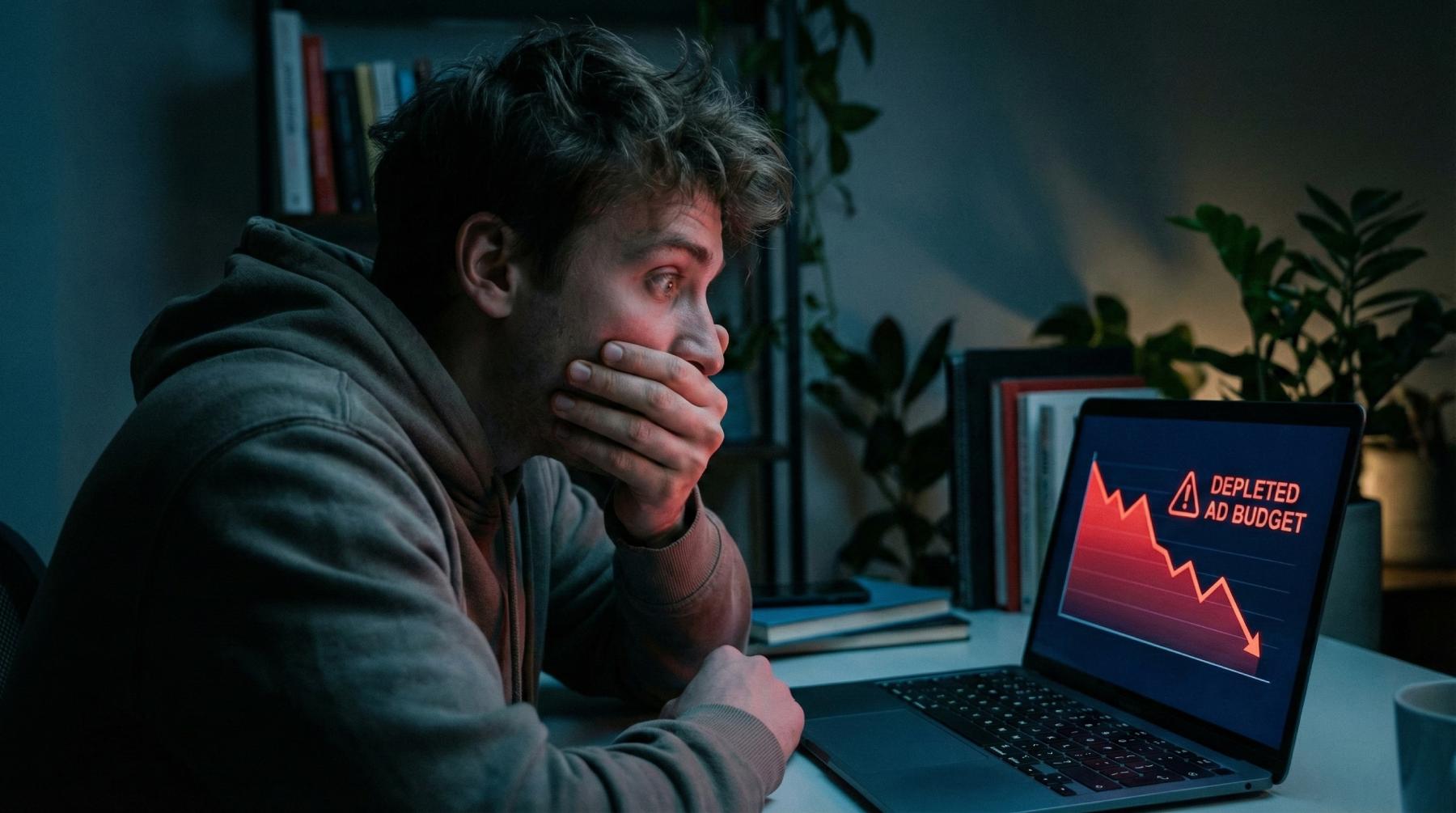 Šokirani mladi frilenser pod stresom gleda u crveni grafikon na ekranu nakon gubitka budžeta klijenta na oglasima.
