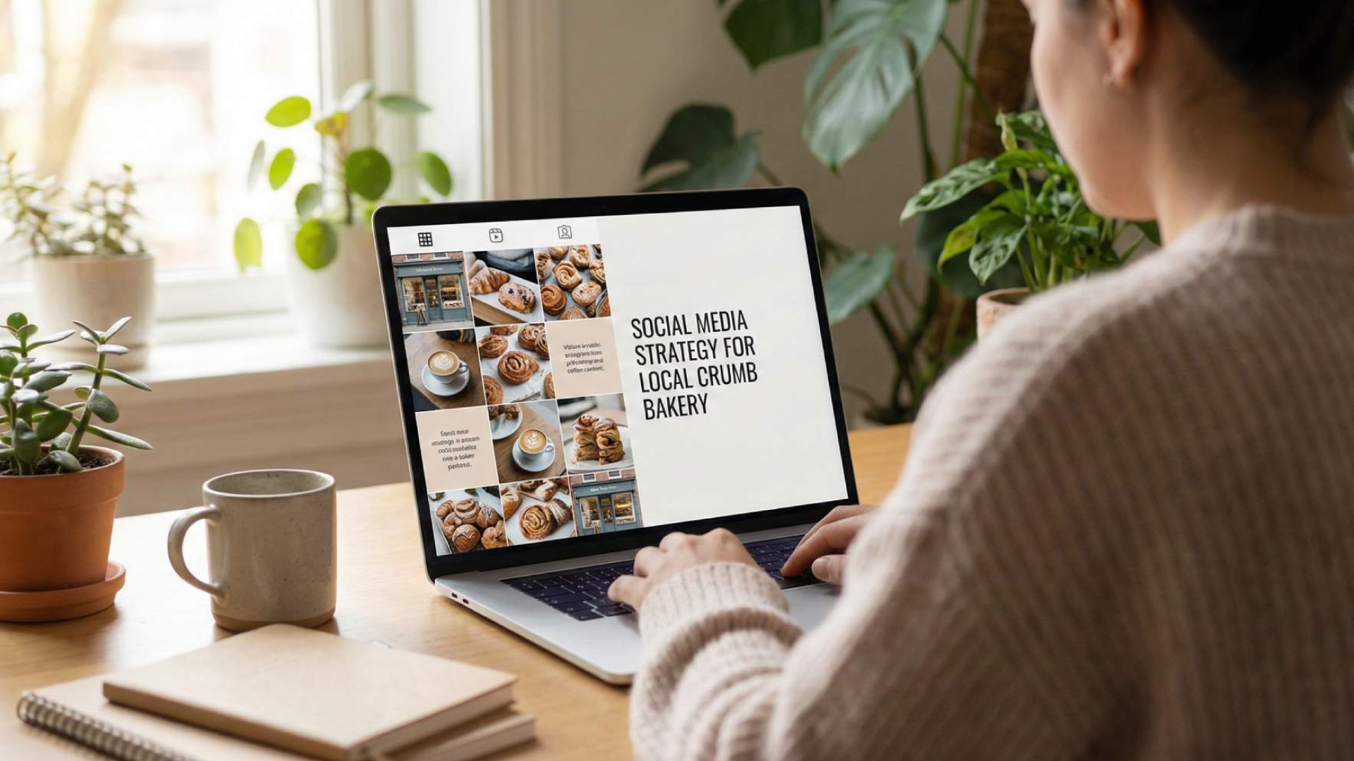 Ekran laptopa sa kreiranim probnim portfoliom i vizuelnim identitetom za Instagram profil lokalne pekare.