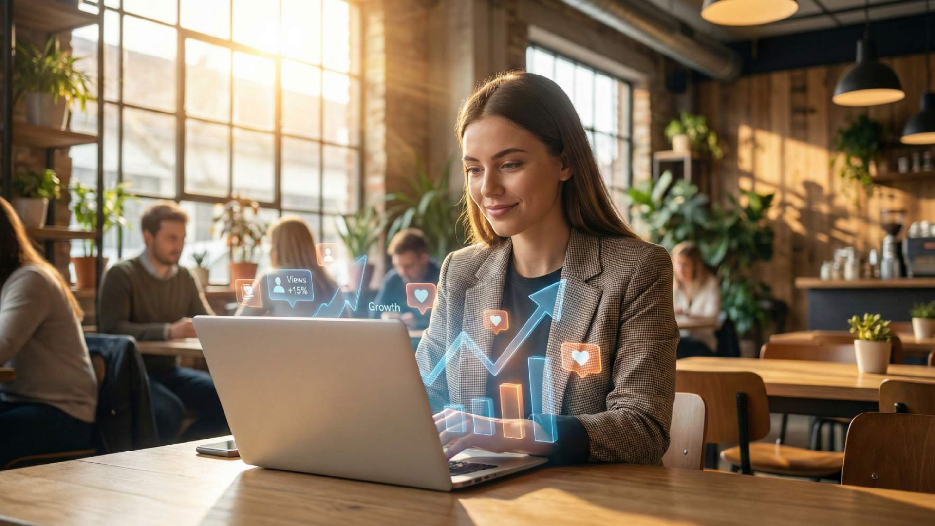 Mlada osoba radi na laptopu u kafiću uz prikaz digitalnih ikonica za rast društvenih mreža, simbolizujući karijeru Social Media Managera.