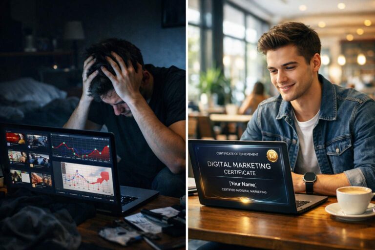 Poređenje frustriranog studenta koji uči sa besplatnih tutorijala i samouvjerenog profesionalca koji je završio najbolji kurs digitalnog marketinga.