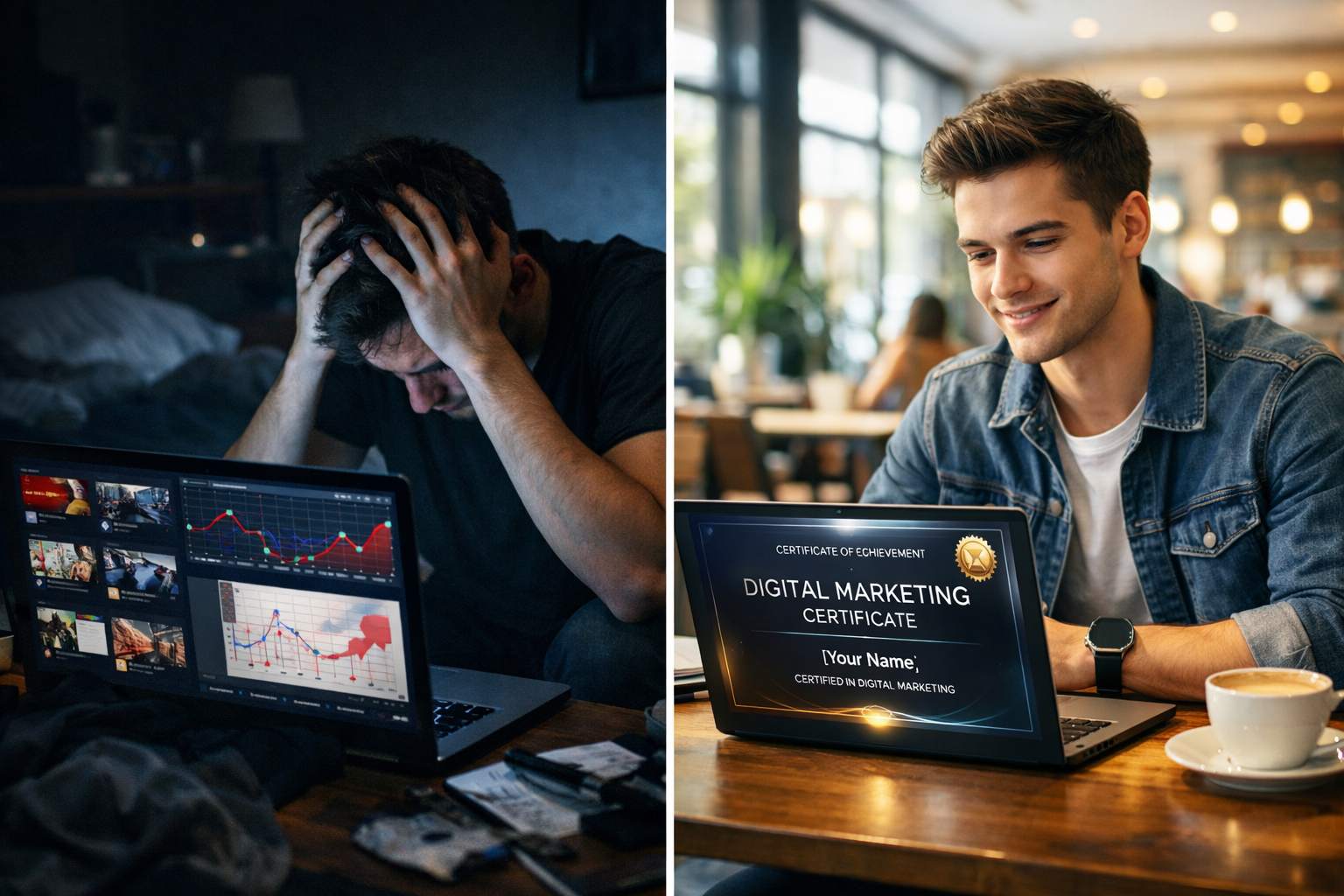 Poređenje frustriranog studenta koji uči sa besplatnih tutorijala i samouvjerenog profesionalca koji je završio najbolji kurs digitalnog marketinga.