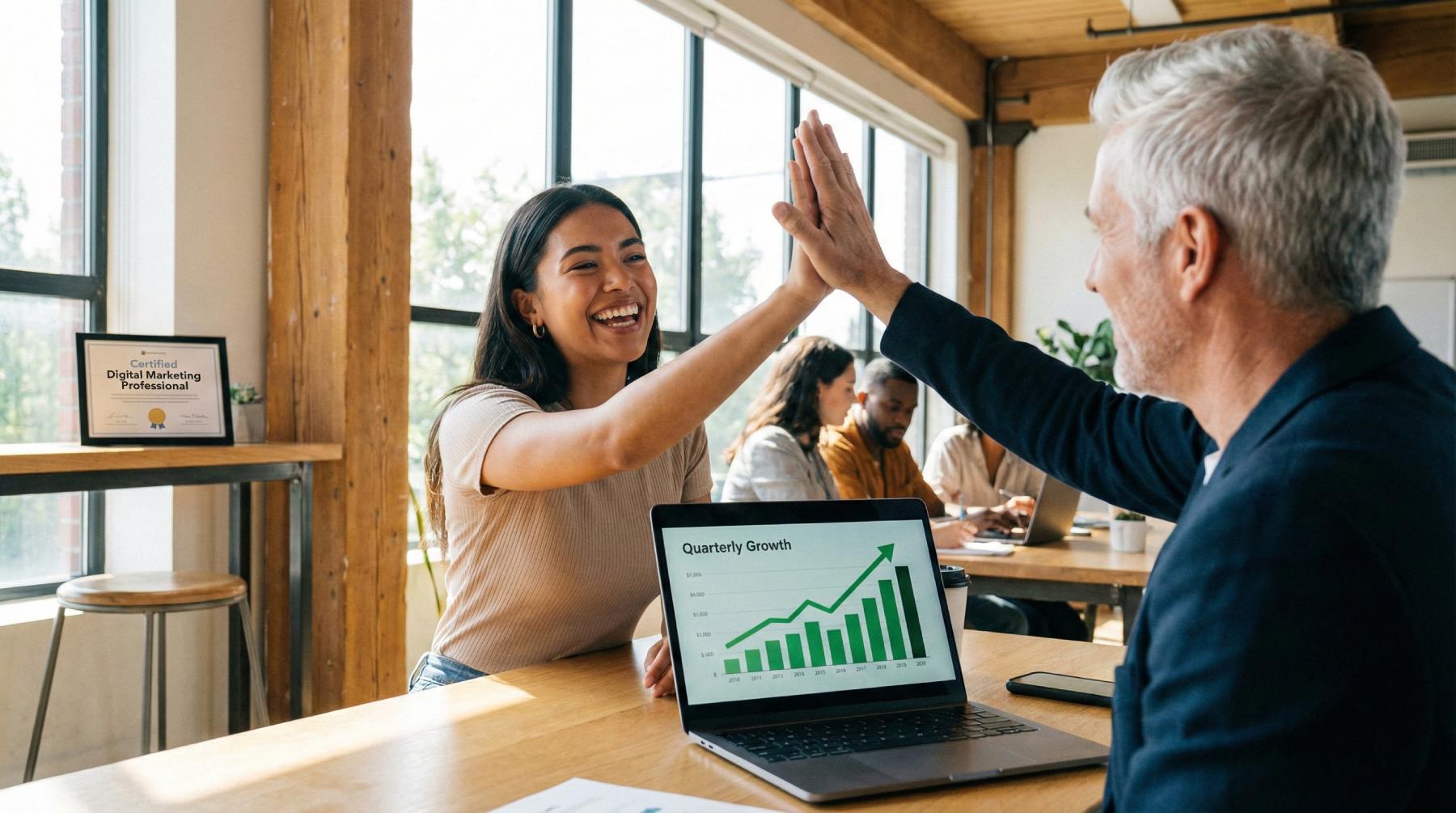 Zadovoljni polaznik i iskusni mentor proslavljaju uspješnu kampanju nakon završenog online kursa digitalnog marketinga sa sertifikatom.