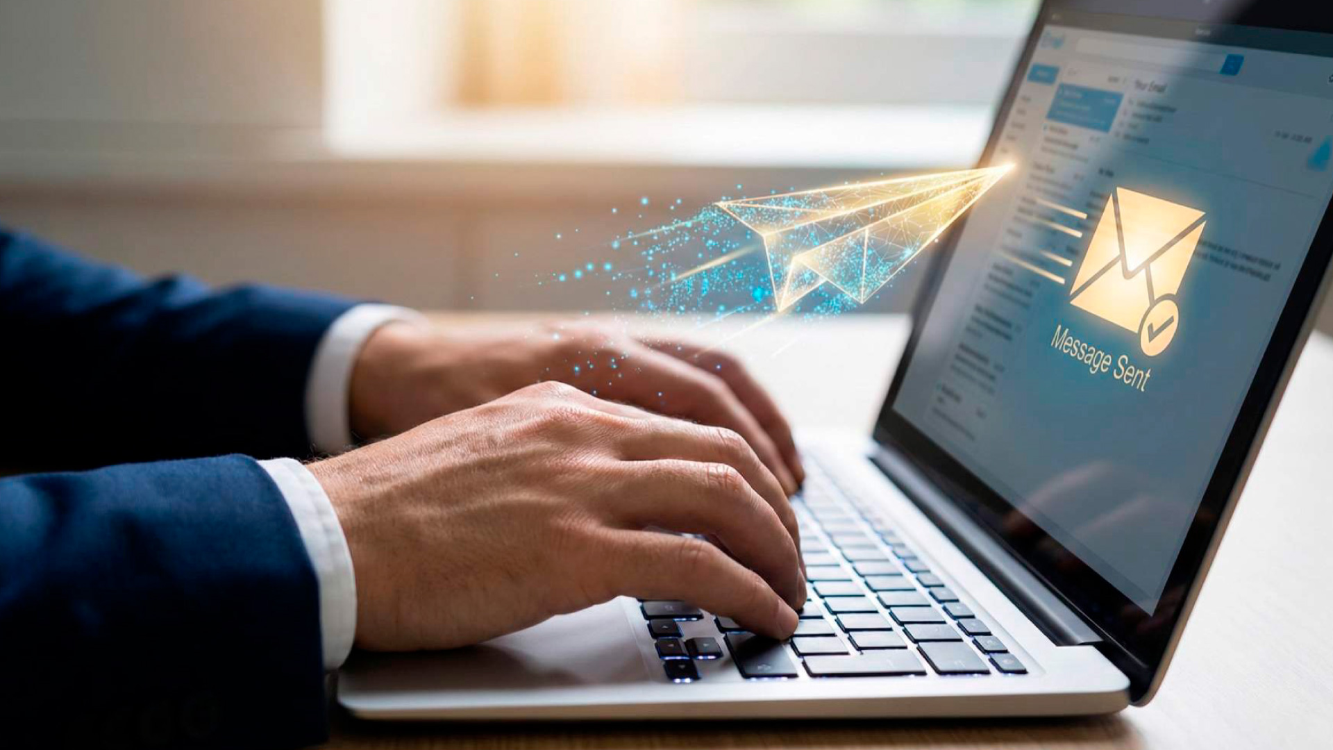 Kucanje poruke potencijalnom klijentu na laptopu uz ilustraciju slanja digitalne ponude, simbolizujući proaktivan pronalazak klijenata.