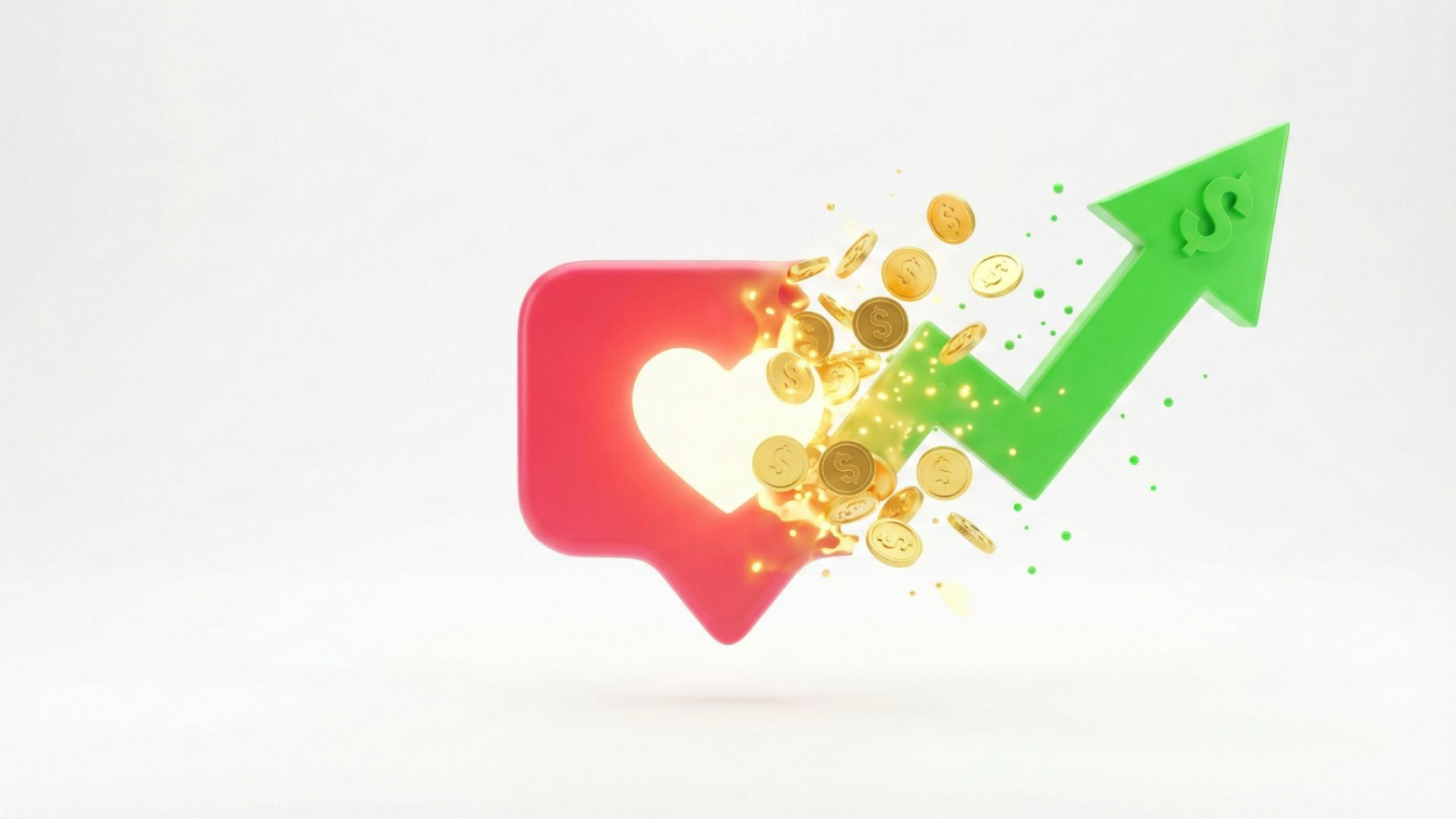 3D ilustracija ikonice za lajk koja se pretvara u zlatne novčiće i grafikon rasta, objašnjavajući važnost ROI-a umjesto taštinih metrika.
