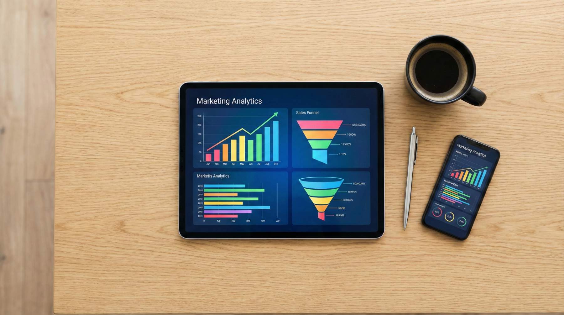 Tablet sa prikazom analitike, grafikona rasta i prodajnog lijevka na radnom stolu, ilustrujući važnost strategije u digitalnom marketingu.